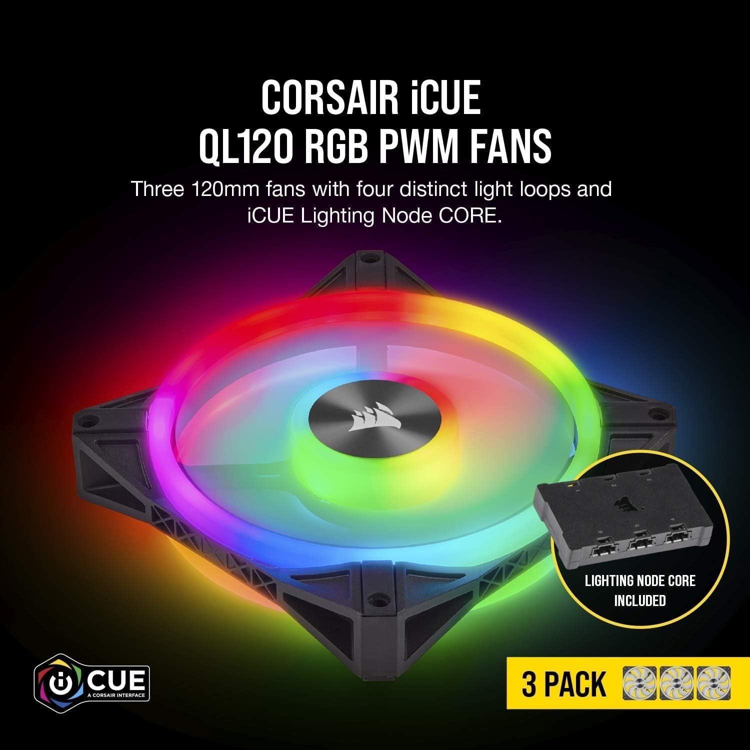 QL Series, Ql120 RGB, 120Mm RGB LED Fan, Triple Pack with Lighting Node Core